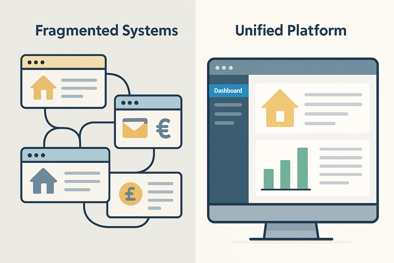 Comparison of fragmented housing systems vs unified property dashboard
