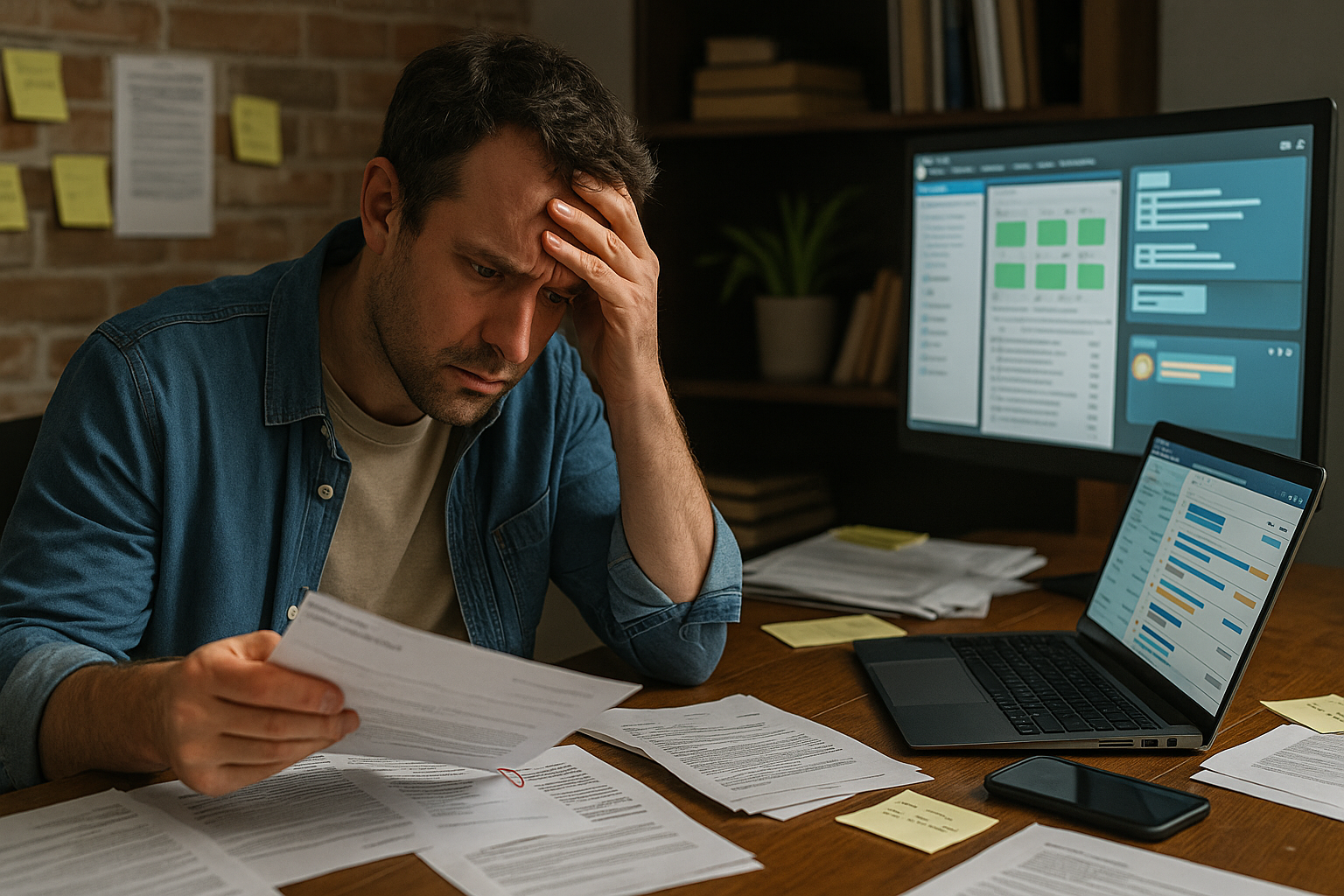Overwhelmed landlord managing housing tasks across various tools