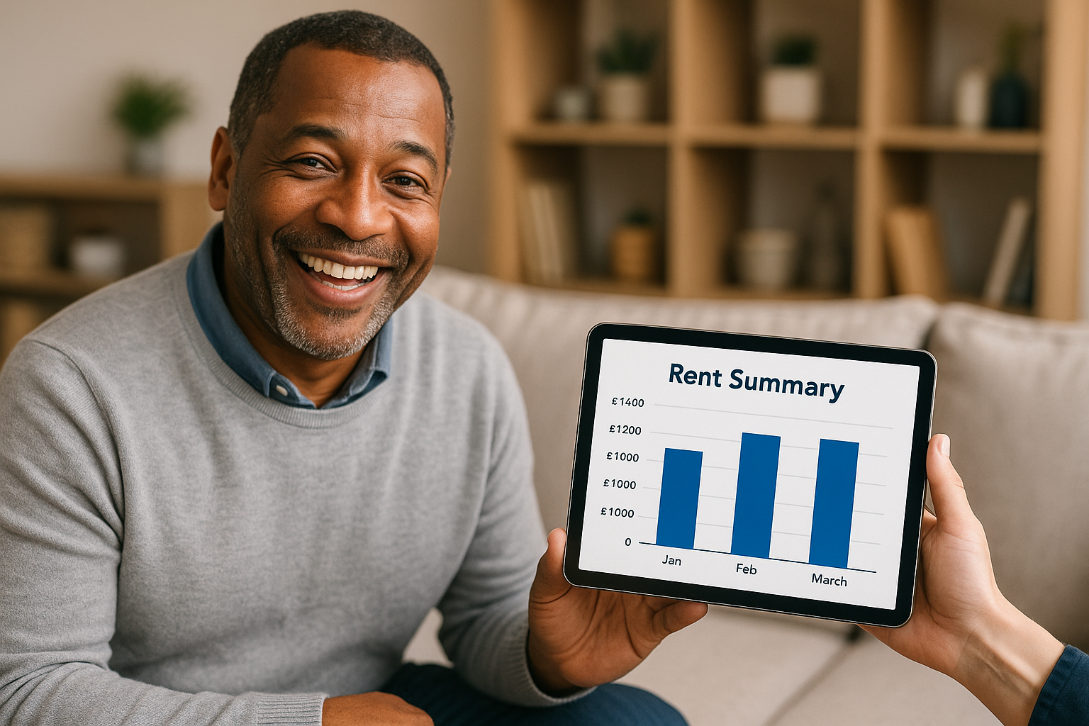 Smiling landlord reviewing digital tenant information on tablet